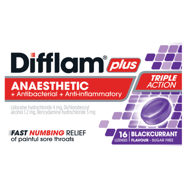 Difflam Plus Anaesthetic Sore Throat Lozenges Blackcurrant 16s