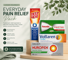 Load image into Gallery viewer, Pain relief medication packaging including Deep Heat, Panadol, Voltaren, and Nurofen on a white background with greenery.