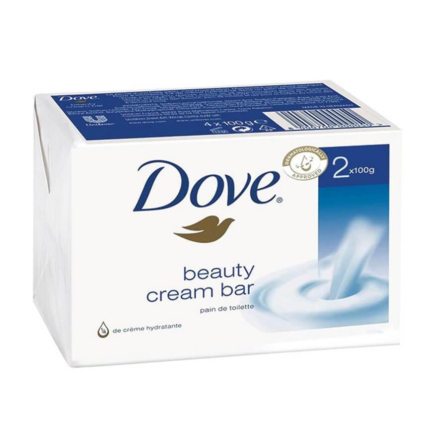 Dove beauty cream bar 2x100g pack with moisturizing cream and dermatologically approved label