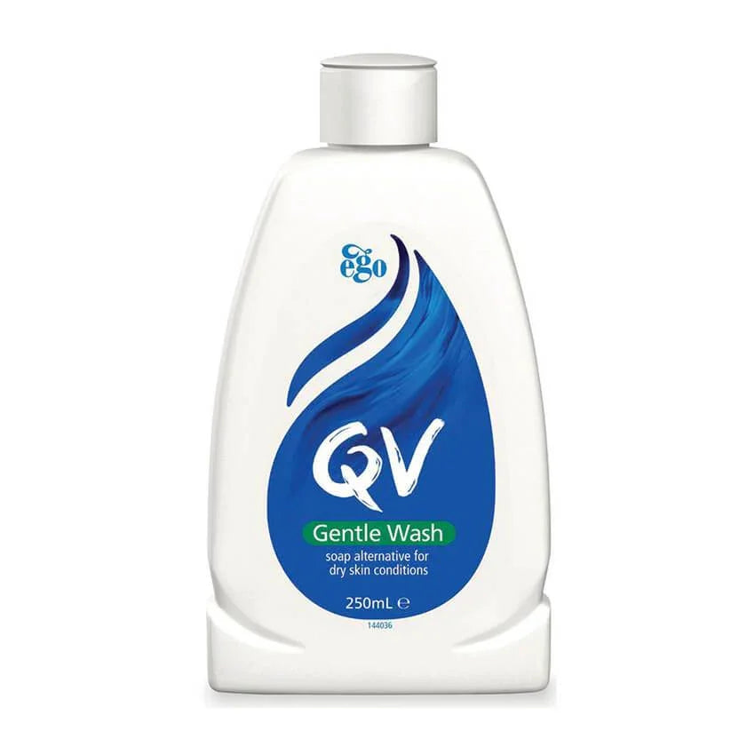 QV Gentle Wash 250mL bottle, soap alternative for dry skin, white packaging with blue label.