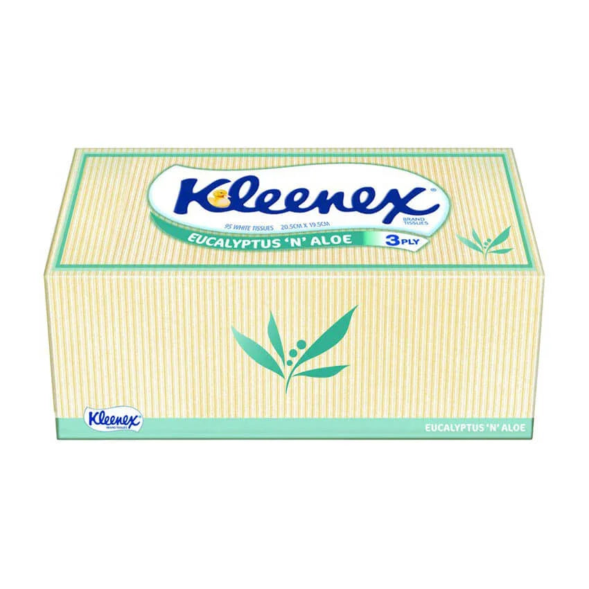 Kleenex Eucalyptus 'N' Aloe 3-ply facial tissues box with striped design
