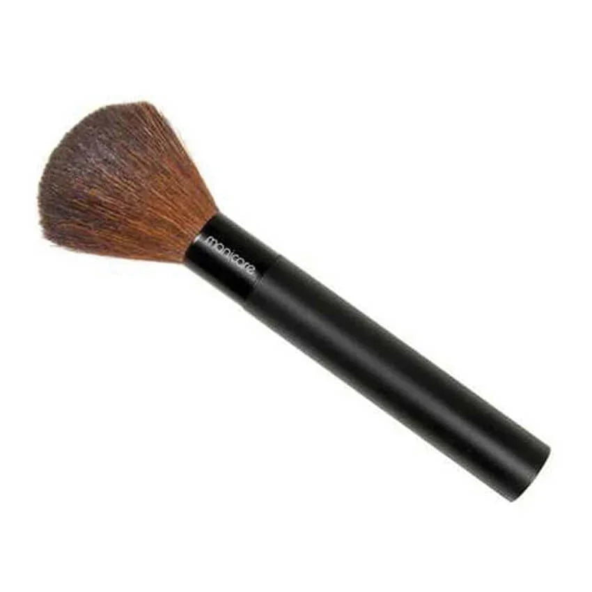 Black-handled powder makeup brush with soft, brown bristles on white background
