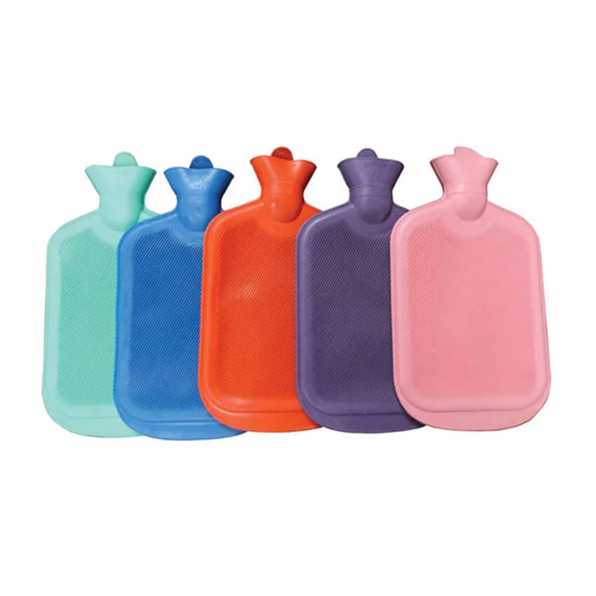 Assorted colored rubber hot water bottles in turquoise, blue, orange, purple, and pink