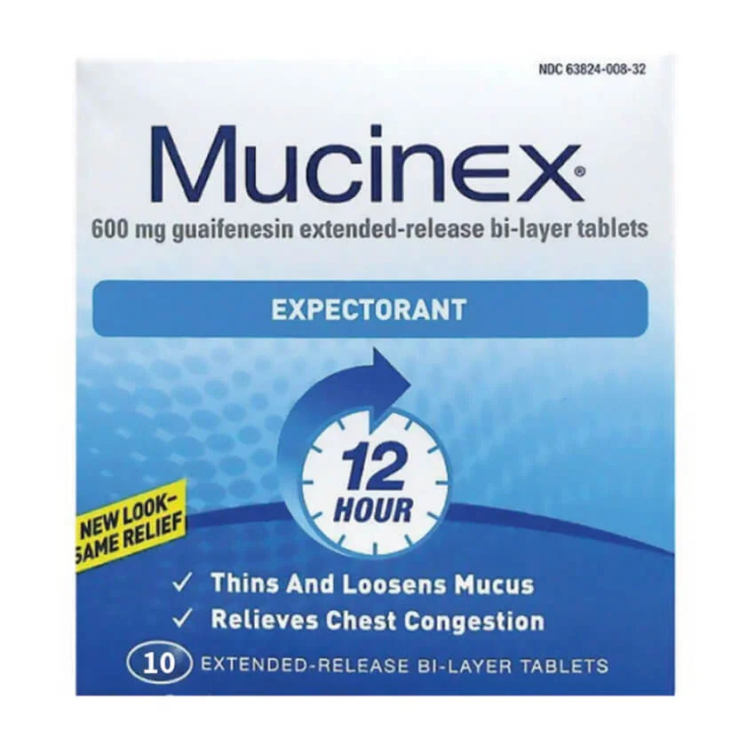 Mucinex 600mg expectorant 10 tablets, relieves chest congestion, 12-hour mucus relief.