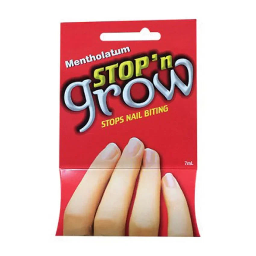 Stop n Grow liquid nail biting deterrent 7ml packaging with fingernail illustration