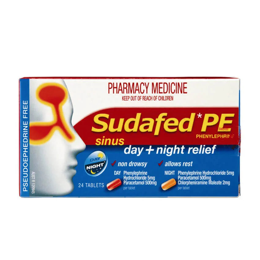 Sudafed PE sinus day and night relief 24 tablets, pharmacy medicine for sinus relief