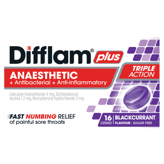 Difflam Plus Anaesthetic Sore Throat Lozenges Blackcurrant 16s