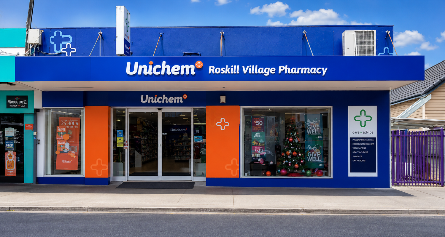 Unichem Roskill Village Pharmacy building with blue and orange facade.
