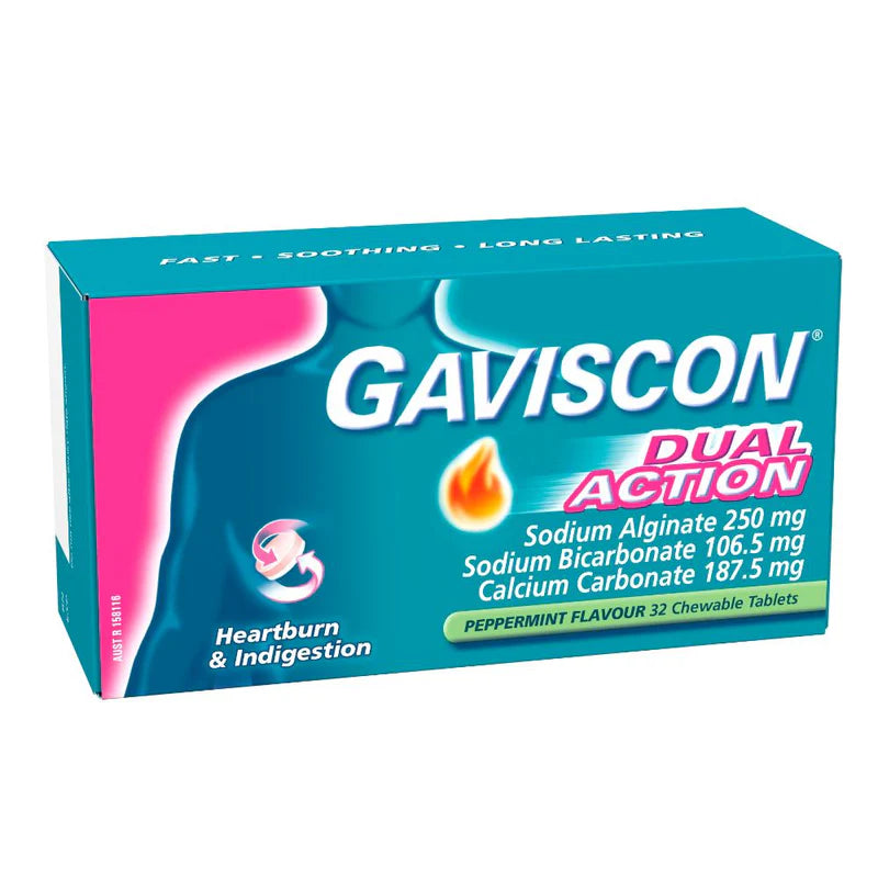 Gaviscon Dual Action Chewable Tablets – Heartburn & Reflux Relief | Peppermint & Mixed Berry | 16 & 32 Tablets