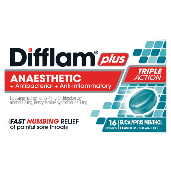 Difflam Plus Anaesthetic Sore Throat Lozenges Eucalyptus Menthol 16s
