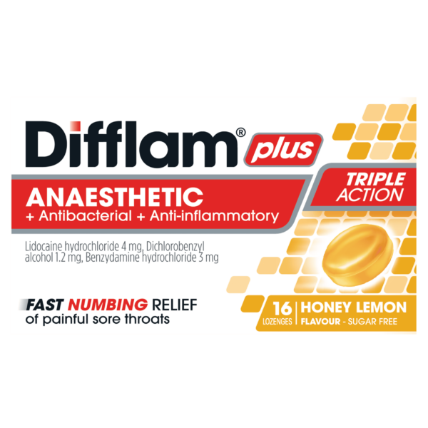 Difflam Plus Anaesthetic Sore Throat Lozenges Honey & Lemon 16s
