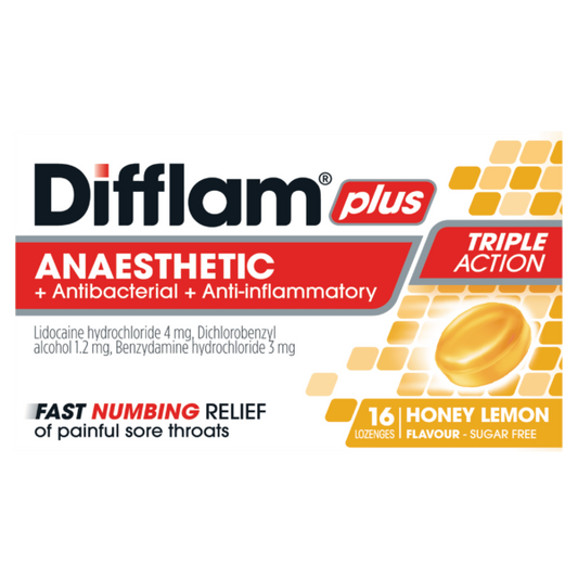 Difflam Plus Anaesthetic Sore Throat Lozenges Honey & Lemon 16s