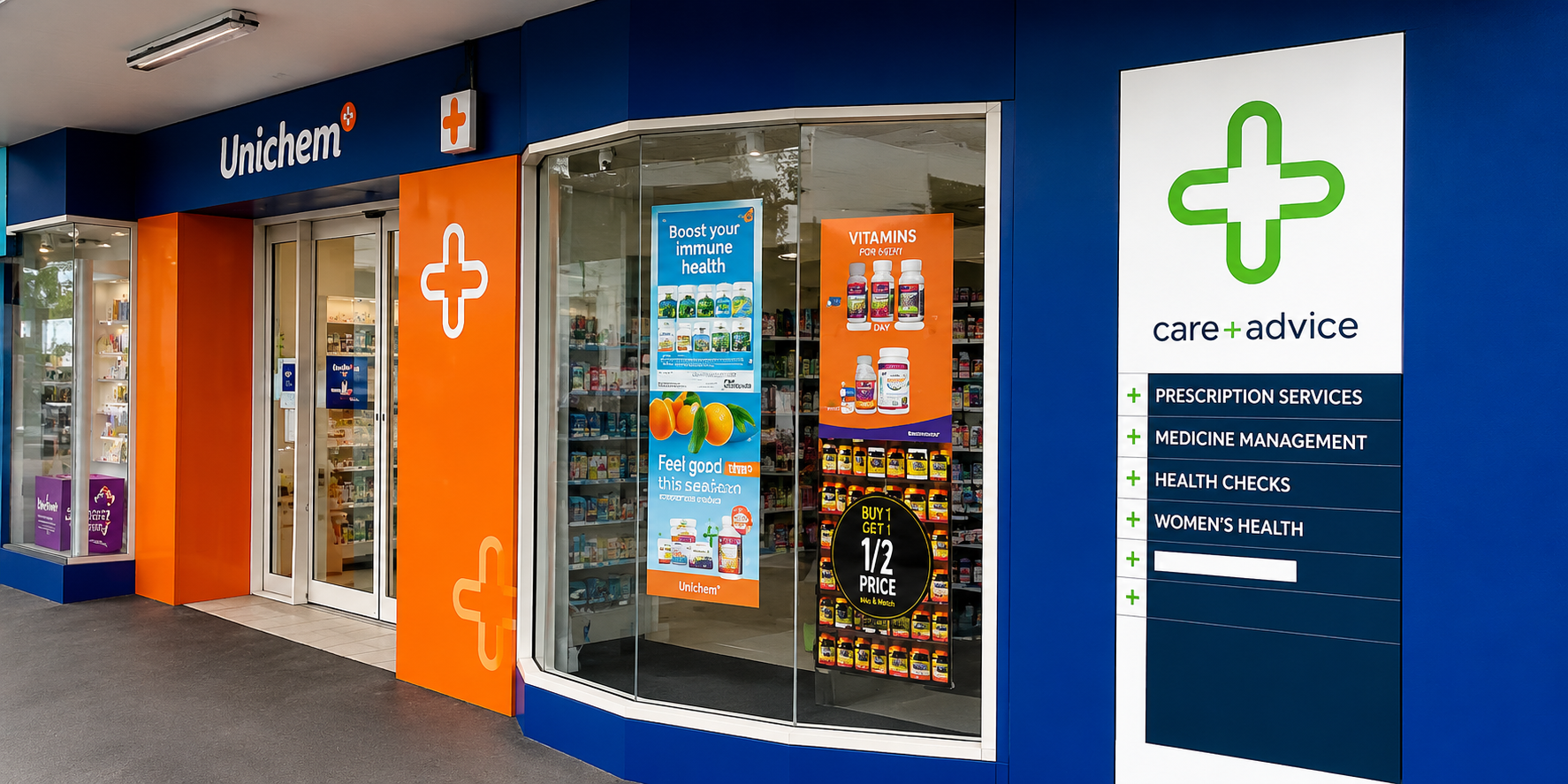 Unichem pharmacy store entrance with branding and services displayed