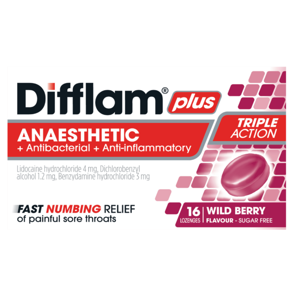 Difflam Plus Anaesthetic Sore Throat Lozenges Wild Berry 16s