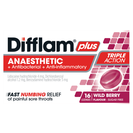 Difflam Plus Anaesthetic Sore Throat Lozenges Wild Berry 16s