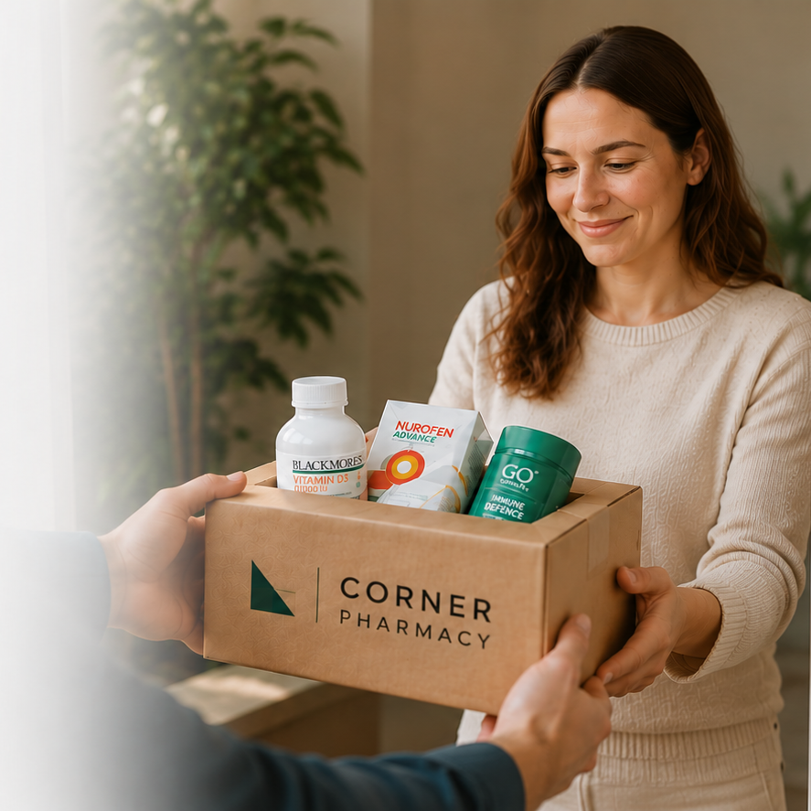 Woman receiving a package from Corner Pharmacy