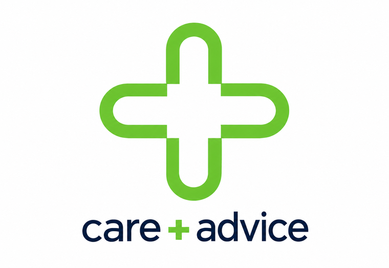 Logo with a green cross and 'care + advice' text on a white background