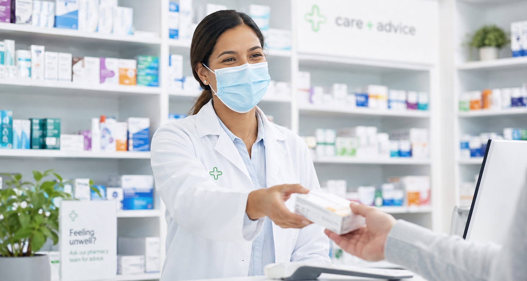 A pharmacist in a white lab coat and blue face mask hands a box of medication to a customer at a pharmacy counter, with shelves of medicine in the background.
