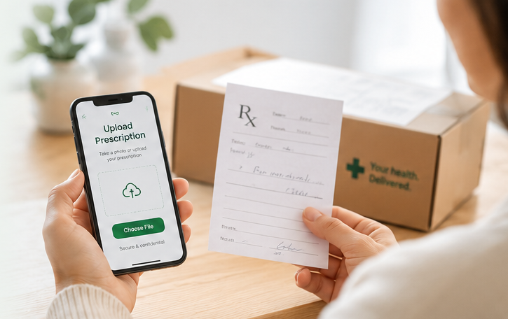 Person holding a phone with an app for uploading a prescription and a printed prescription, with a box labeled 'Your Health Delivered' in the background.