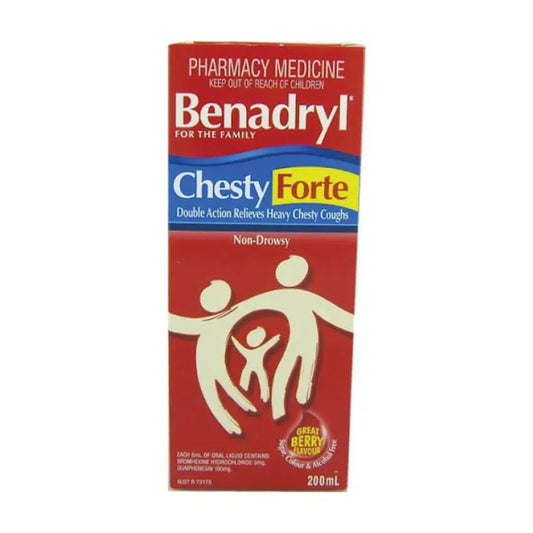 Benadryl Chesty Forte 200ml cough syrup box, non-drowsy, for chesty cough relief