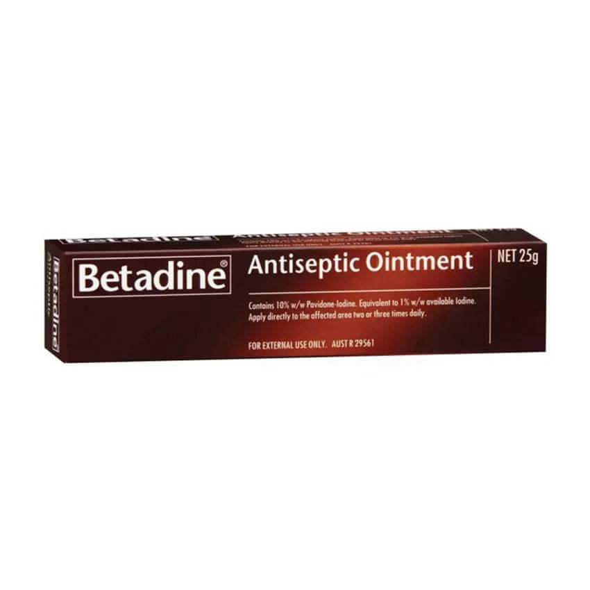 Betadine antiseptic ointment 25g box with product information on front, white background