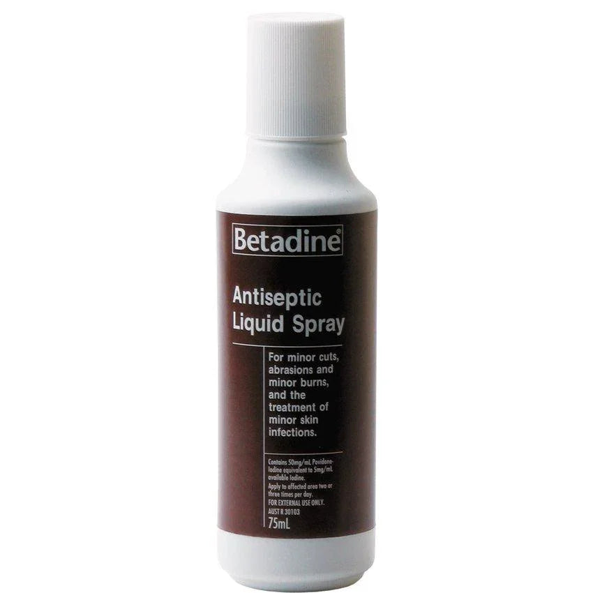 Betadine antiseptic liquid spray bottle for minor cuts, abrasions, burns, and skin infections