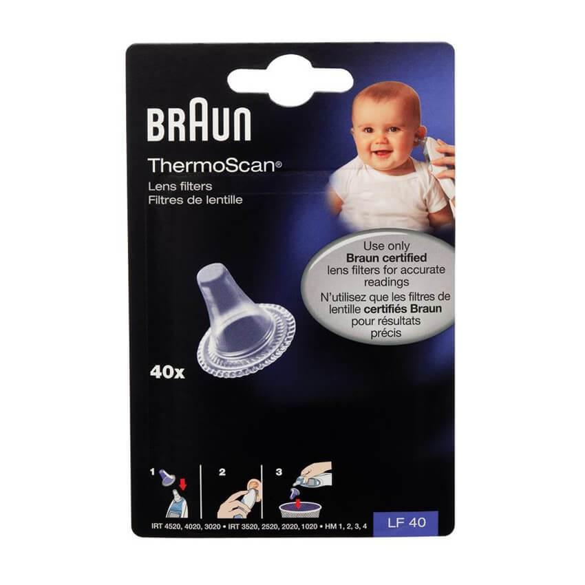 Braun ThermoScan ear thermometer lens filters 40 pack, retail packaging with instructions and baby image.