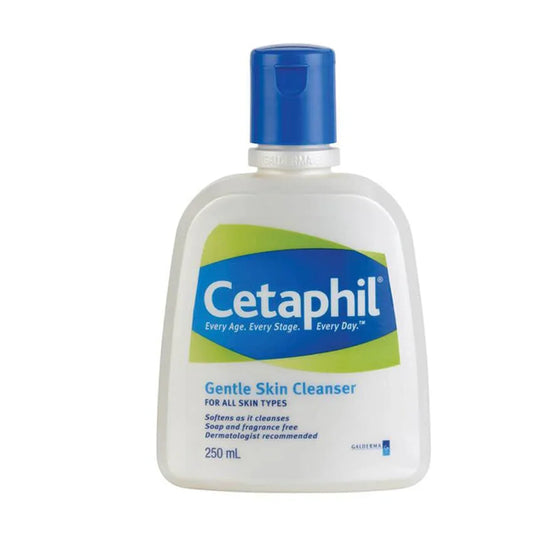 Cetaphil Gentle Skin Cleanser 250ml bottle with blue flip cap, suitable for all skin types.