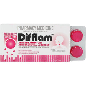 Difflam Throat Lozenges Sugar Free Raspberry 16 s - Corner Pharmacy