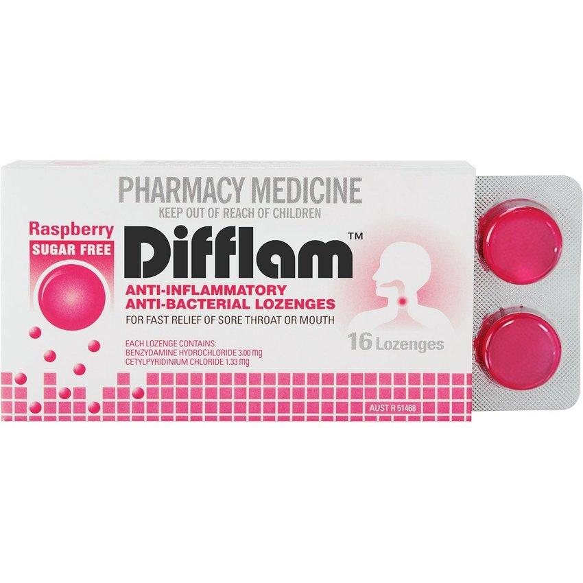 Difflam Throat Lozenges Sugar Free Raspberry 16 s - Corner Pharmacy