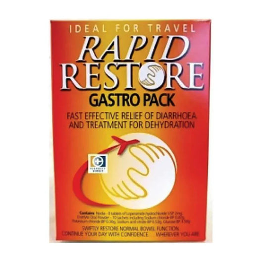 Rapid Restore Gastro Pack box for diarrhea relief and dehydration treatment, orange packaging