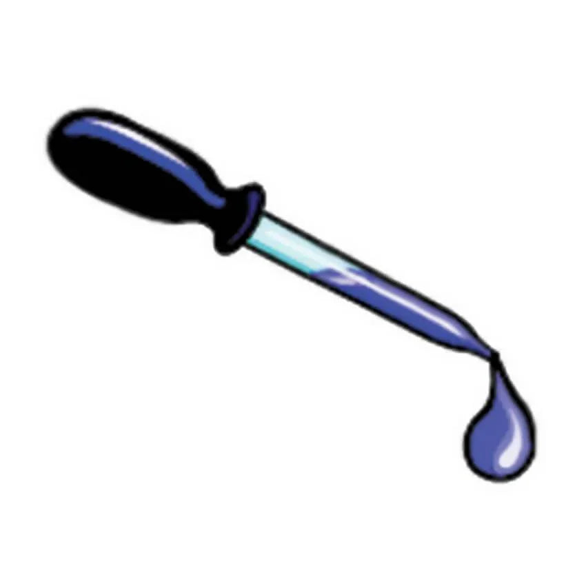 Bent eye dropper with black rubber bulb and a drop of liquid on white background