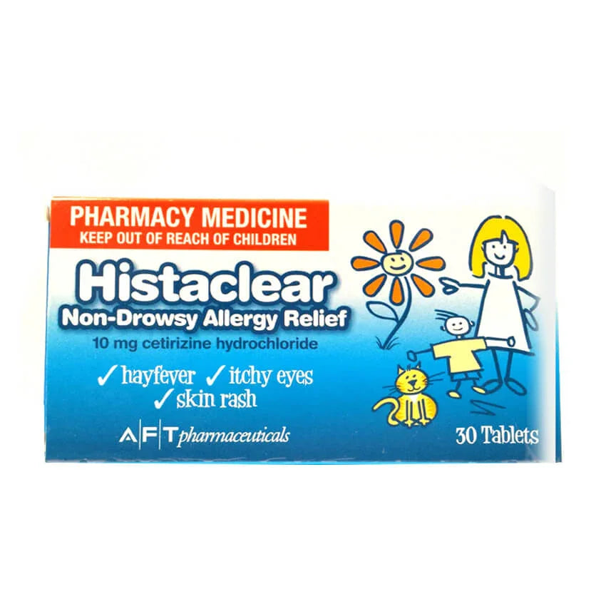 Histaclear 10mg cetirizine tablets box for non-drowsy allergy relief, 30 pack