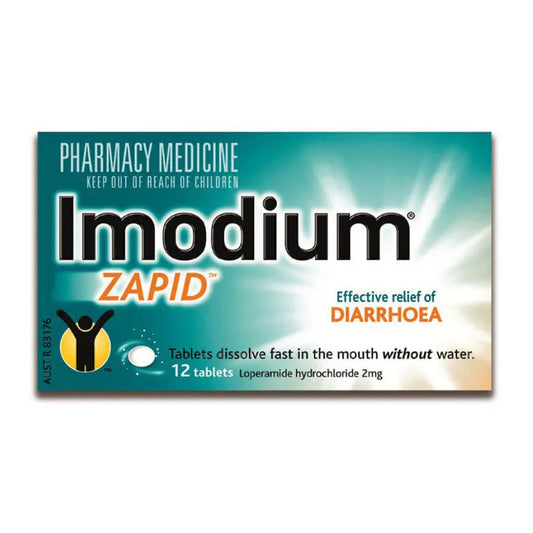 Imodium Zapid 2mg 12 tablets pack for fast relief of diarrhea, dissolves without water