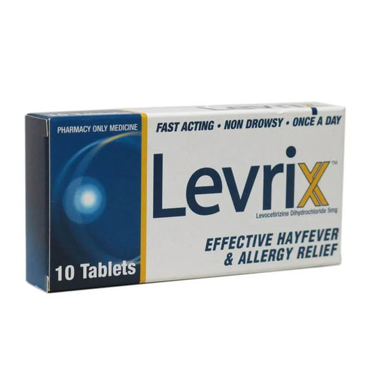 Levrix 5mg 10 tablets box for effective hayfever and allergy relief, non-drowsy formula