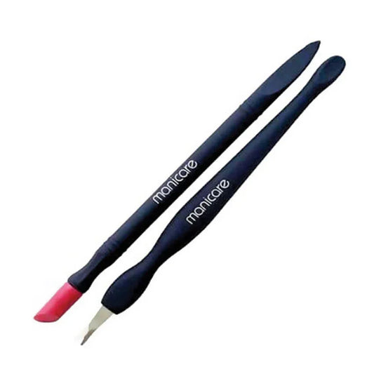 Black dual-ended cuticle trimmer and pusher set with visible manicare text on handles