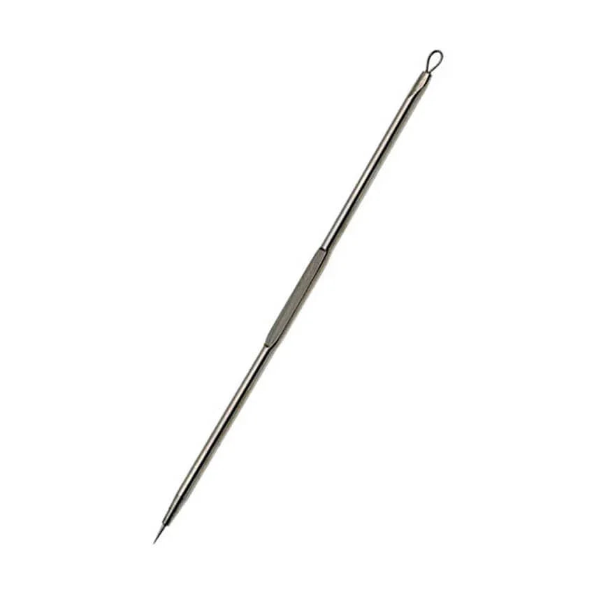 Stainless steel double-ended blackhead and pimple remover beauty tool on white background
