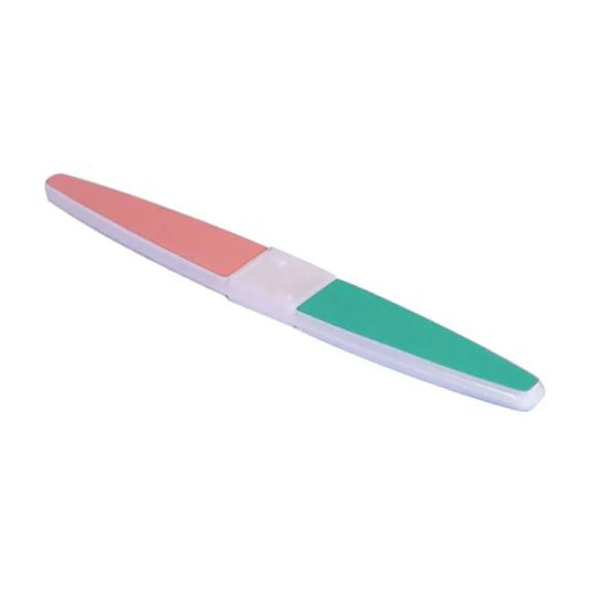 Three-way nail buffer with pink, white, and green surfaces for smooth nail care