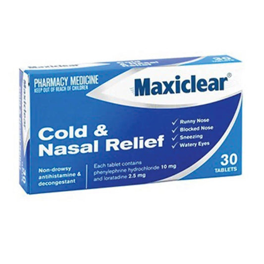 Maxiclear Cold & Nasal Relief 30 tablets box, non-drowsy antihistamine and decongestant