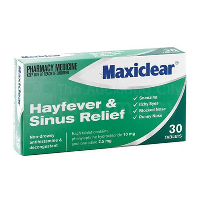 Maxiclear Hayfever and Sinus Relief 30 tablets, non-drowsy antihistamine decongestant box