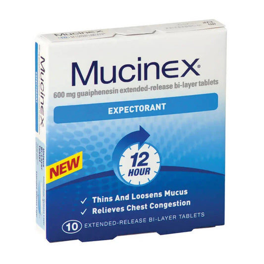 Mucinex Expectorant 600mg 10 tablets box for chest congestion and mucus relief