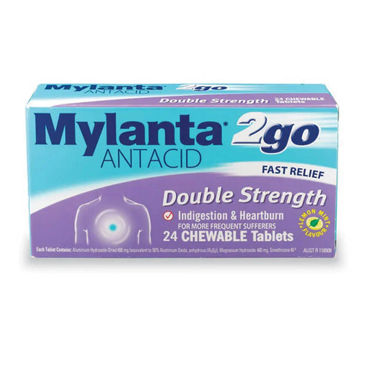 Mylanta 2go antacid double strength 24 chewable tablets for indigestion and heartburn relief