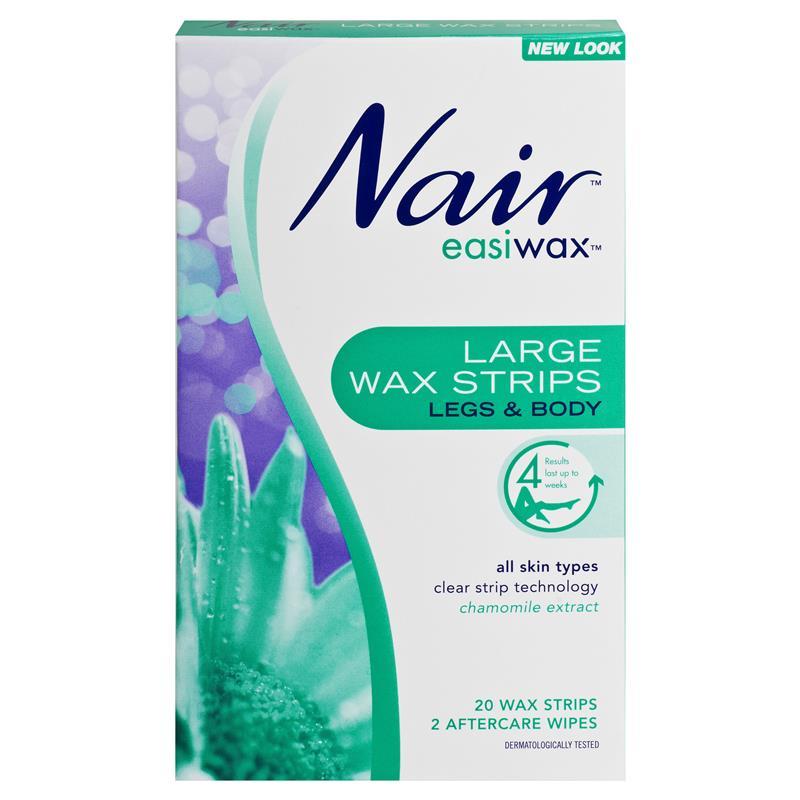 Nair EasiWax Large Wax Strips Legs & Body 20 Wax Strips 2 Aftercare Wipes - Corner Pharmacy