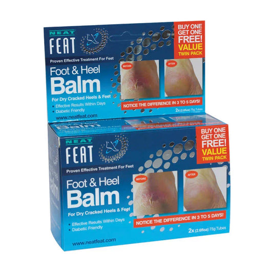 Neat Feat Foot & Heel Balm twin pack for dry cracked heels, before and after result photos on box