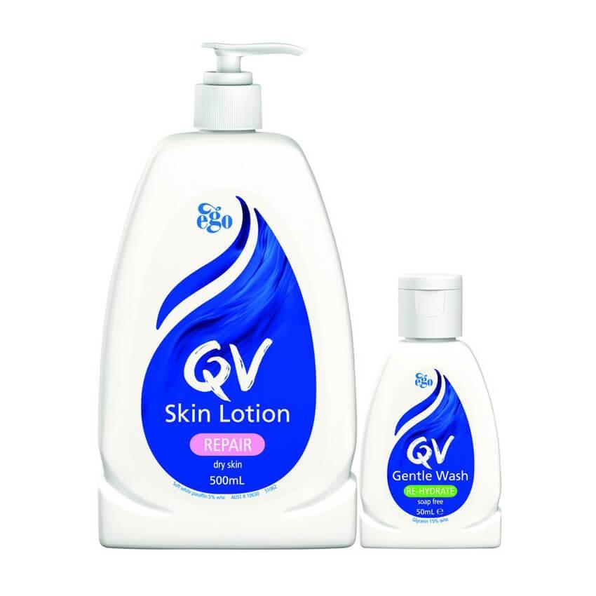 QV Skin Lotion 500ml and QV Gentle Wash 50ml bottles for dry, sensitive skin care