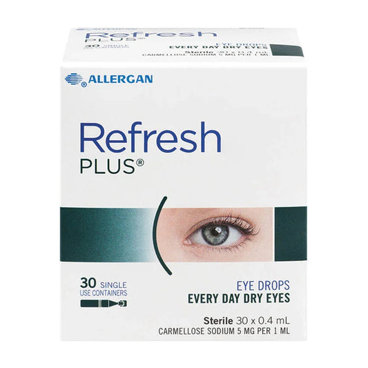 Refresh Plus eye drops 30 single-use containers box for dry eyes, close-up front view