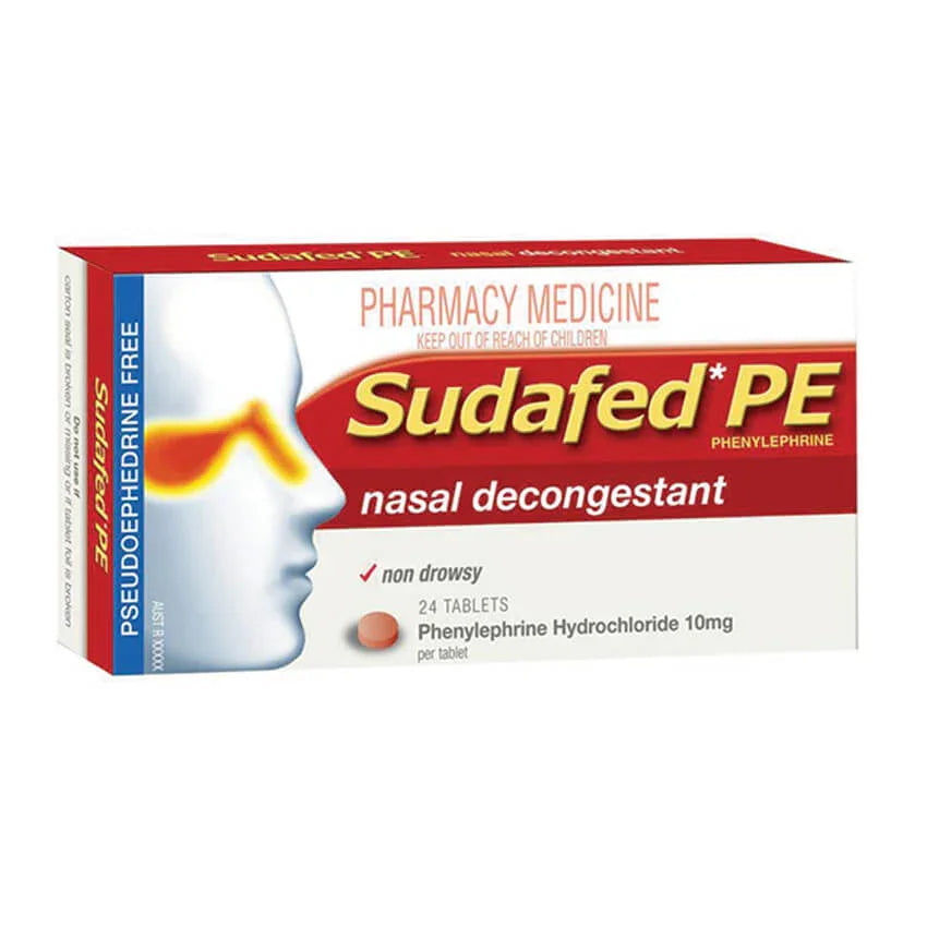 Sudafed PE nasal decongestant 24 tablets box with phenylephrine, non-drowsy relief